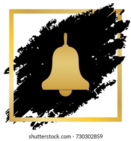 Bell Alarm, hand bell sign. Vector. Golden icon at black spot inside golden frame on white background.