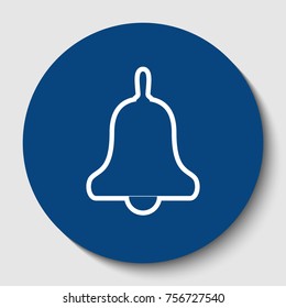 Bell Alarm, hand bell sign. Vector. White contour icon in dark cerulean circle at white background. Isolated.