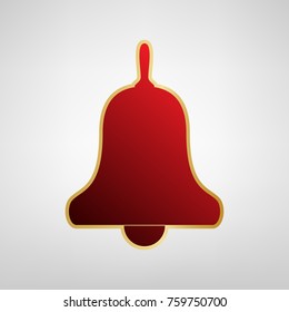 Bell Alarm, hand bell sign. Vector. Red icon on gold sticker at light gray background.