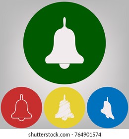 Bell Alarm, hand bell sign. Vector. 4 white styles of icon at 4 colored circles on light gray background.