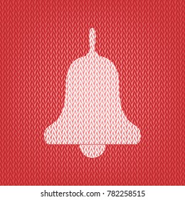 Bell Alarm, hand bell sign. Vector. Knitted white icon on a red knitted background.