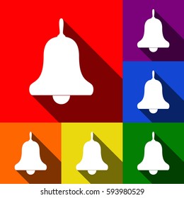 Bell Alarm, handbell sign. Vector. Set of icons with flat shadows at red, orange, yellow, green, blue and violet background.