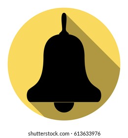 Bell Alarm, handbell sign. Vector. Flat black icon with flat shadow on royal yellow circle with white background. Isolated.