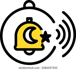 A bell alarm icon with a crescent moon, symbolizing waking up for Sahur during Ramadan.