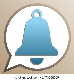 Bell Alarm sign. Bright cerulean icon in white speech balloon at pale taupe background. Illustration.