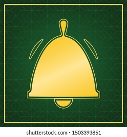 Bell Alarm sign. Golden icon with gold contour at dark green gridded white background. Illustration.