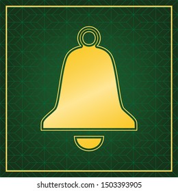 Bell Alarm sign. Golden icon with gold contour at dark green gridded white background. Illustration.