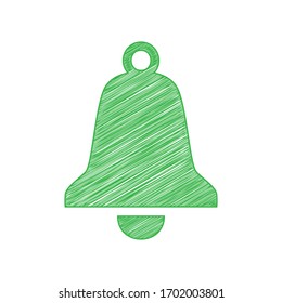 Glockenalarm-Schild. Grünes, schreibendes Symbol mit fester Kontur auf weißem Hintergrund. Illustration.