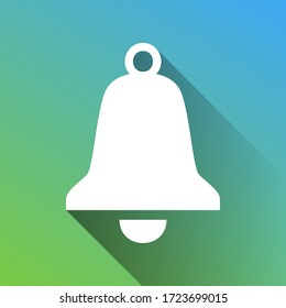 Bell Alarm sign. White Icon with gray dropped limitless shadow on green to blue background. Illustration.
