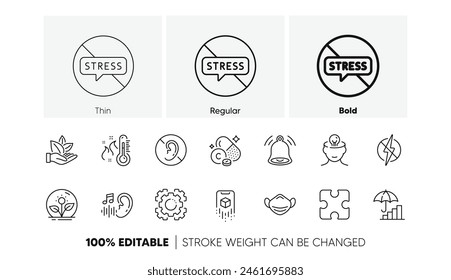 Bell Alert, Antistatic und Augmented Reality Line Icons. Pack of Hearing, Hohes Thermometer, Kein Hörsymbol. Puzzle, Inkubator, Vitamin C Piktogramm. Psychische Gesundheit, medizinische Maske, Stopp Stress. Vektorgrafik