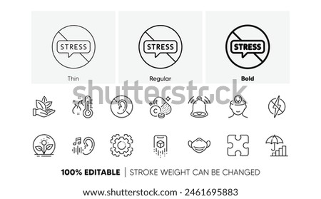 Bell alert, Antistatic and Augmented reality line icons. Pack of Hearing, High thermometer, No hearing icon. Puzzle, Incubator, Vitamin c pictogram. Mental health, Medical mask, Stop stress. Vector
