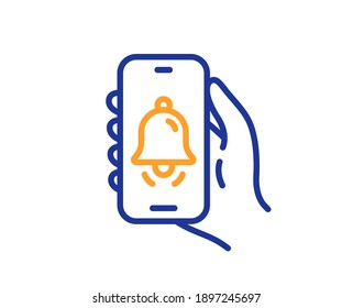 Bell alert line icon. Hand hold phone sign. Cellphone with screen notification symbol. Quality design element. Line style bell alert icon. Editable stroke. Vector