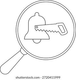 A bell being cut by a saw inside a magnifying glass