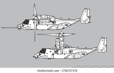 Bell Boeing V-22 Osprey. Vector drawing of VSTOL military transport aircraft. Side view. Image for illustration and infographics.