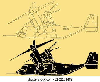 Bell Boeing V-22 Osprey. Vector drawing of VSTOL military transport aircraft. Side view.Adult military aircraft coloring page for book and drawing. Airplane. War-plane. Vector illustration. Vehicle. 