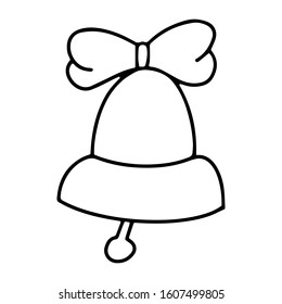 Bell with a bow. Black and white hand drawing line. New Year. Back to school. Isolated on a white background. Vector illustration. Cartoon