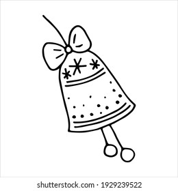 Campana con un arco, pintada con copos de nieve, puntos, líneas. juguete de Navidad. Dibujado con un contorno de estilo doodle. Ilustración vectorial.