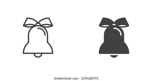 Bell con icono de cinta de arco, versión de línea y glifo, contorno y signo vectorial relleno. pictograma lineal y completo. Símbolo, ilustración del logotipo. Conjunto de iconos de estilo diferente