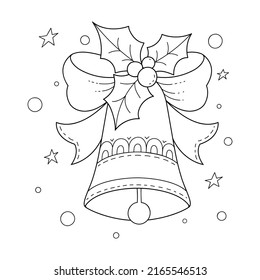 Bell with a bow and a sprig of mistletoe. Christmas decoration. Coloring antistress for adults and children. Doodle ornament in black and white. Hand draw vector illustration.