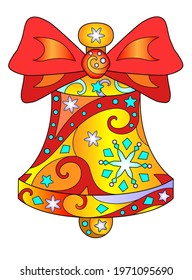 Bell with bow - vector linear full color illustration. Golden festive, Christmas bell with red ribbon, snowflakes, stars and other patterns. Template for stained glass, batik or coloring.