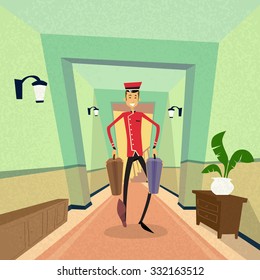 Bell Boy Carry Suitcase Indoor Hotel Porter Flat Vector Illustration