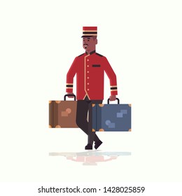 Bell Boy Carrying Suitcases Service Concept African American Bellman Holding Luggage Male Hotel Worker In Uniform Full Length Flat