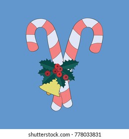 bell, candy cane christmas vector illustration