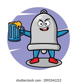 Bell cartoon mascot character with beer glass and cute stylish design for t-shirt, sticker, logo elements