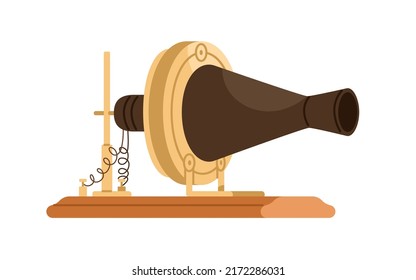 Bell centennial transmitter. Vintage telephone, first model of 1876. Old ancient phone, history communication object with disk, diaphragm. Flat vector illustration isolated on white background