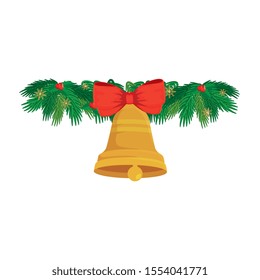 bell christmas decoration with bow ribbon in tropical leafs vector illustration design
