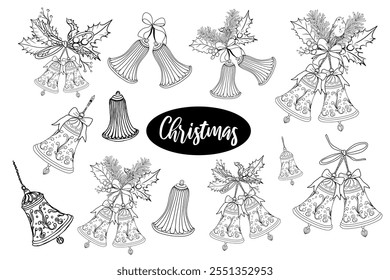 Bell Christmas decoration set. Hand drawn vector sketch illustration