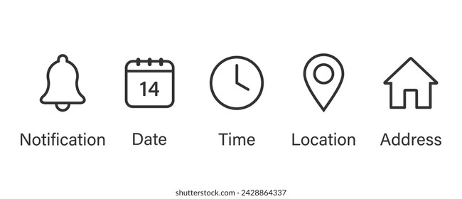 Bell, clock, calendar, location, and address icons symbol.