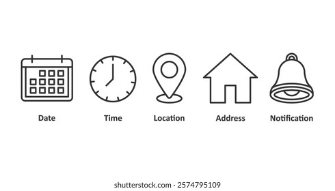 Bell, clock, calendar, location, and address icons symbol.