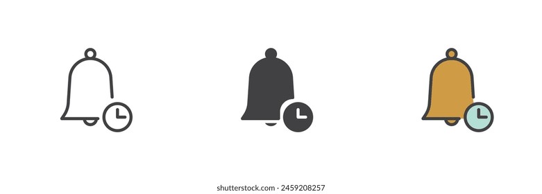Campana y reloj de diferentes estilos conjunto de iconos. Línea, glifo y contorno relleno versión colorida, contorno y Vector relleno signo. Símbolo de recordatorio de hora de alarma, ilustración de logotipo. Vector gráfico
