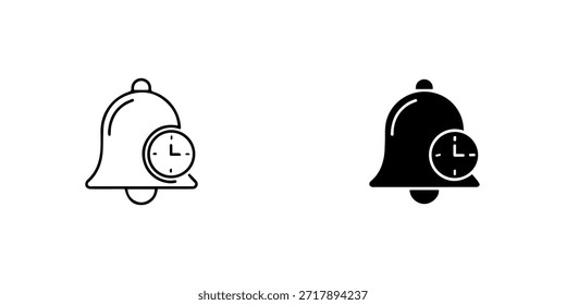 Campana con el icono del reloj aislado encendido, representando la notificación, el recordatorio, y la alarma en blanco y negro