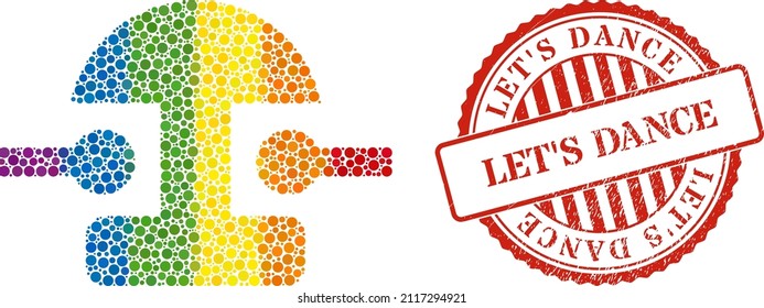 Bell composition icon of round items in different sizes and rainbow color hues. Red rounded rubber seal stamp with Let'S Dance text. A dotted LGBT- colored bell for lesbians, gays, bisexuals,