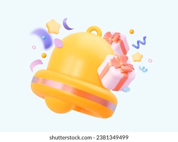 Bell with confetti and gift box. Notification of sales and festive events for birthdays, New Year, or the birth of a child.  3D vector graphic. 