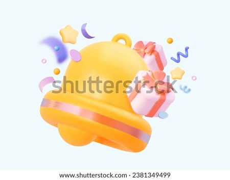 Bell with confetti and gift box. Notification of sales and festive events for birthdays, New Year, or the birth of a child.  3D vector graphic. 