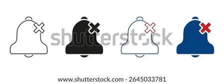 Bell With Cross Line And Solid Icon Set. Notification Muted, Silent Mode, And Alert Off Symbol Collection. Sound Deactivation And Do Not Disturb Feature. Isolated Vector Illustration.