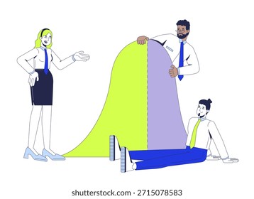Análise da curva de Bell com conceito de ilustração 2D da equipe de estatísticos. Desvio padrão. Distribuição normal. Vários analistas desenharam personagens isolados em branco. Metáfora vetorial abstrata plana
