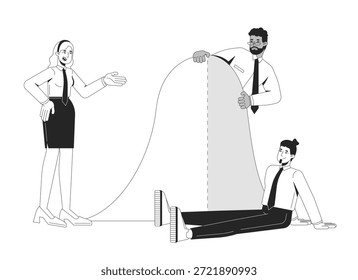 Análisis de la curva de Bell con el concepto de ilustración de la línea del equipo de estadísticos. Desviación estándar. Distribución normal. Diversos analistas describen caracteres 2D aislados. Arte vectorial de metáfora lineal de tinta