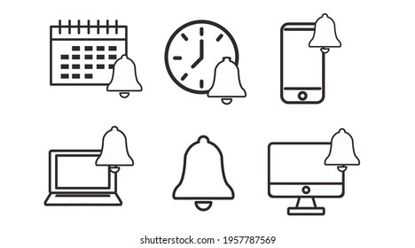 Bell and devices icon set. Set of icons with valendar, mobile phone, computer and clock with bell or alarm sign