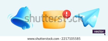Bell, envelope, and paper plane icons. Realistic 3d design element in plastic cartoon style. Vector illustration perfect for alert banner, message posters, call icons, notification advertising.