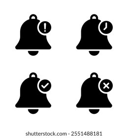 Bell with exclamation mark, time, checkmark, and cross icon. Notification with warning, clock, tick, and x symbol