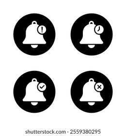 Bell with exclamation mark, time, checkmark, and cross icon on black circle