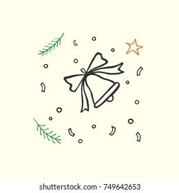 Bell with falling confetti, fir tree branches and star. Christmas and New Year greeting card in free hand style.