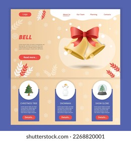 Bell flat landing page website template. Christmas tree, snowman, snow globe. Web banner with header, content and footer. Vector illustration.