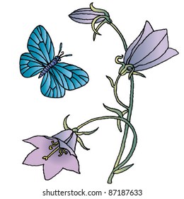bell flower with a blue butterfly