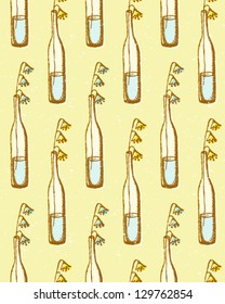 Bell flower in bottle, vector seamless pattern in vintage style