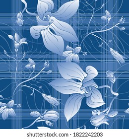 Bell flower. Garden and meadow flower. Seamless vector pattern with flowers, lines and geometry. Hand drawing.